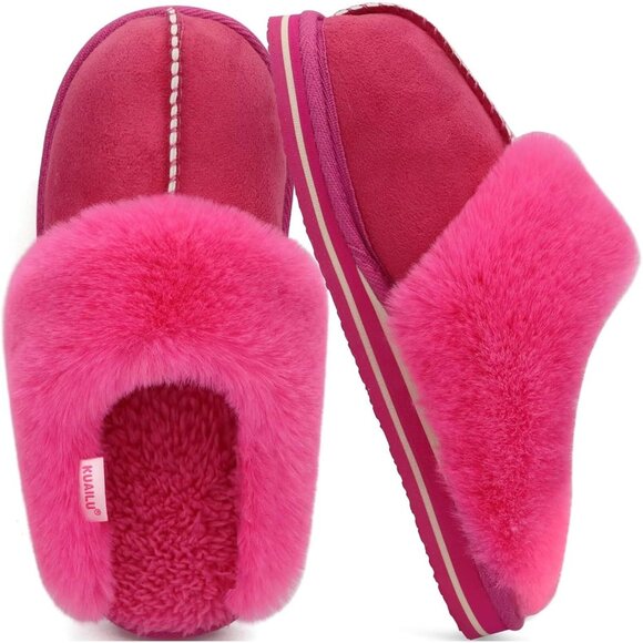 ⚡Women Rose Red Suede Fluff Dual Memory Foam Arch Support Warm Scuff Slipper - Picture 6 of 6